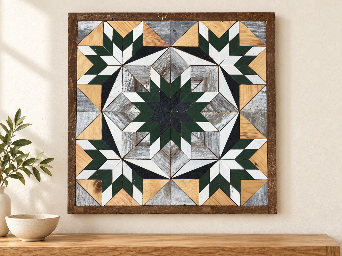S1132 — wooden barn quilt wall art, dark forest green and white layered central star with four corner partial stars, gray and natural wood details, and a charcoal central star, shown on an indoor wall in a styled home display