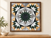 S1132 — wooden barn quilt wall art, dark forest green and white layered central star with four corner partial stars, gray and natural wood details, and a charcoal central star, shown on an indoor wall in a styled home display