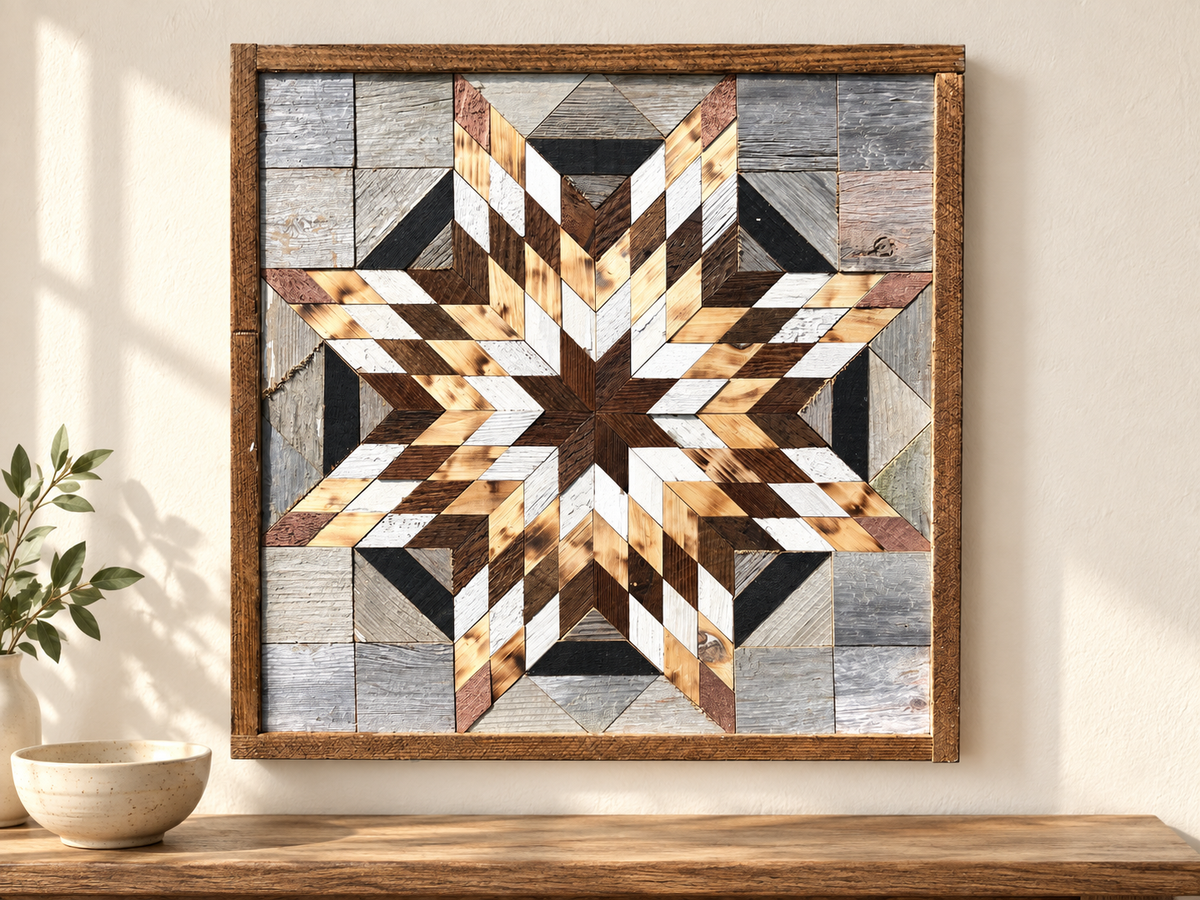 S1173 — wooden barn quilt wall art, brown, honey wood, white and gray layered starburst in square wooden frame, shown on an indoor wall in a styled home display