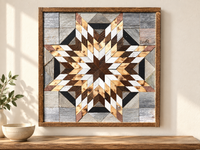 S1173 — wooden barn quilt wall art, brown, honey wood, white and gray layered starburst in square wooden frame, shown on an indoor wall in a styled home display