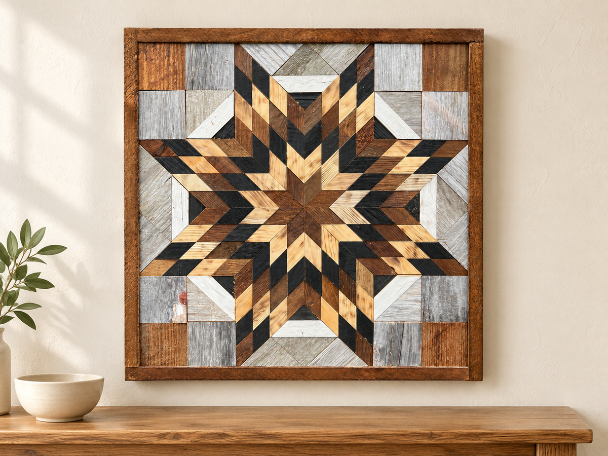 S1185 — wooden barn quilt wall art, charcoal, honey wood and brown layered starburst in square wooden frame, shown on an indoor wall in a styled home display