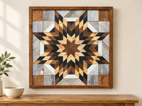 S1185 — wooden barn quilt wall art, charcoal, honey wood and brown layered starburst in square wooden frame, shown on an indoor wall in a styled home display