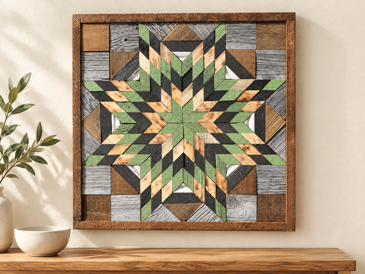 S1187 — wooden barn quilt wall art, light green, charcoal and honey wood layered starburst in square wooden frame, shown on an indoor wall in a styled home display