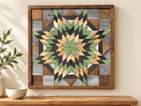 S1187 — wooden barn quilt wall art, light green, charcoal and honey wood layered starburst in square wooden frame, shown on an indoor wall in a styled home display