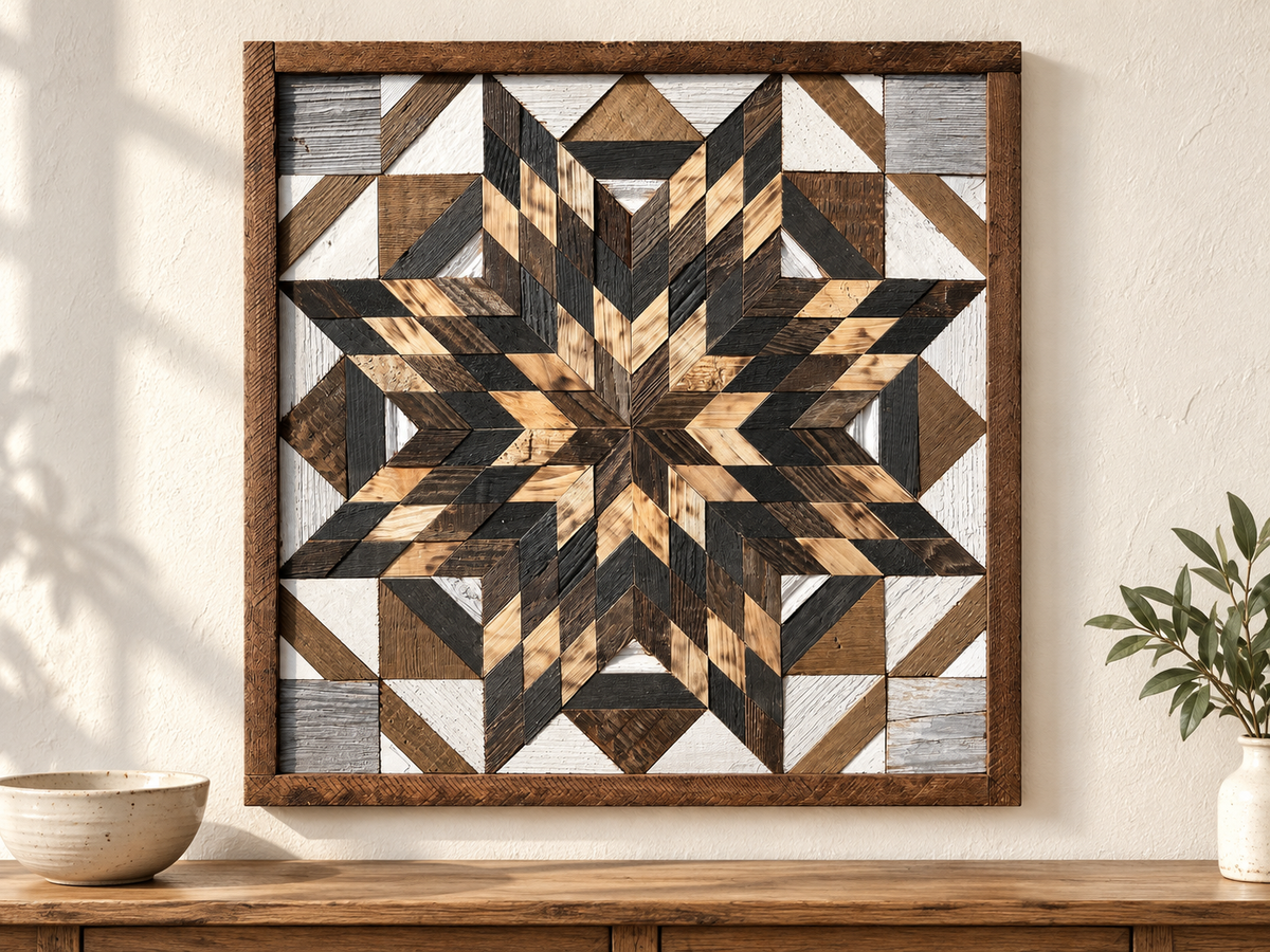 S1188 — wooden barn quilt wall art, dark brown, charcoal and honey wood layered starburst in square wooden frame, shown on an indoor wall in a styled home display