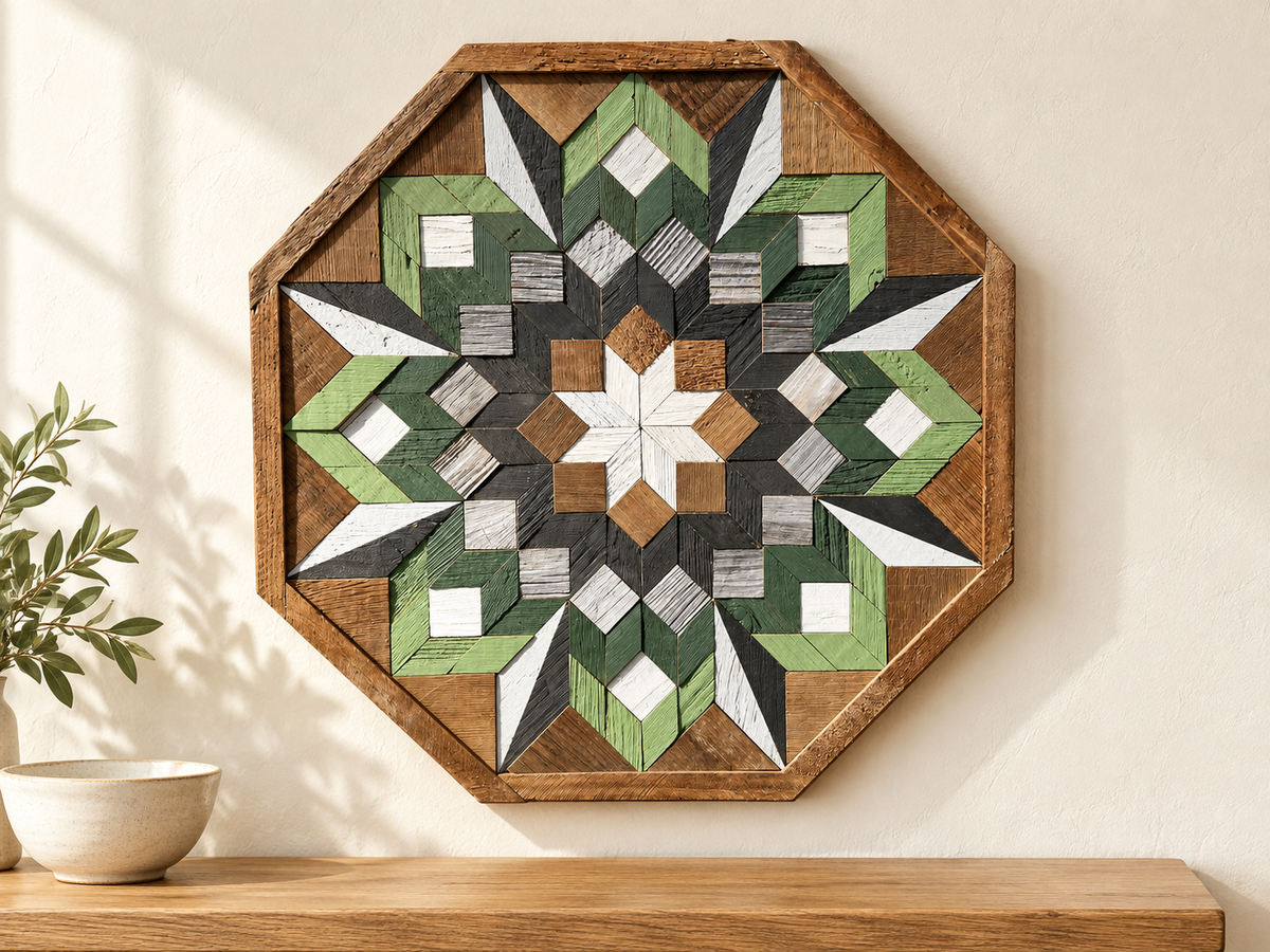 S1189 — wooden barn quilt wall art, OCTAGONAL eight-sided quilt with green, sage, charcoal, gray and white geometric flower, white center star, shown on an indoor wall in a styled home display