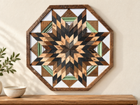 S1195 — wooden barn quilt wall art, OCTAGONAL eight-sided charcoal, honey wood and brown starburst with small green accents, shown on an indoor wall in a styled home display