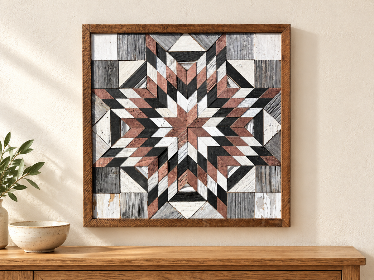 S1196 — wooden barn quilt wall art, square dusty rose, charcoal and white layered starburst, shown on an indoor wall in a styled home display
