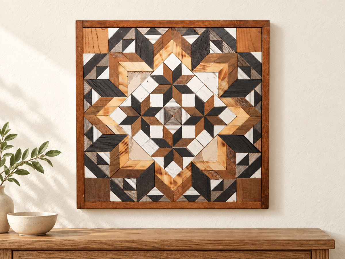 S1202 — wooden barn quilt wall art, square natural wood, charcoal and white geometric flower with four small inner stars, shown on an indoor wall in a styled home display