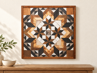 S1202 — wooden barn quilt wall art, square natural wood, charcoal and white geometric flower with four small inner stars, shown on an indoor wall in a styled home display