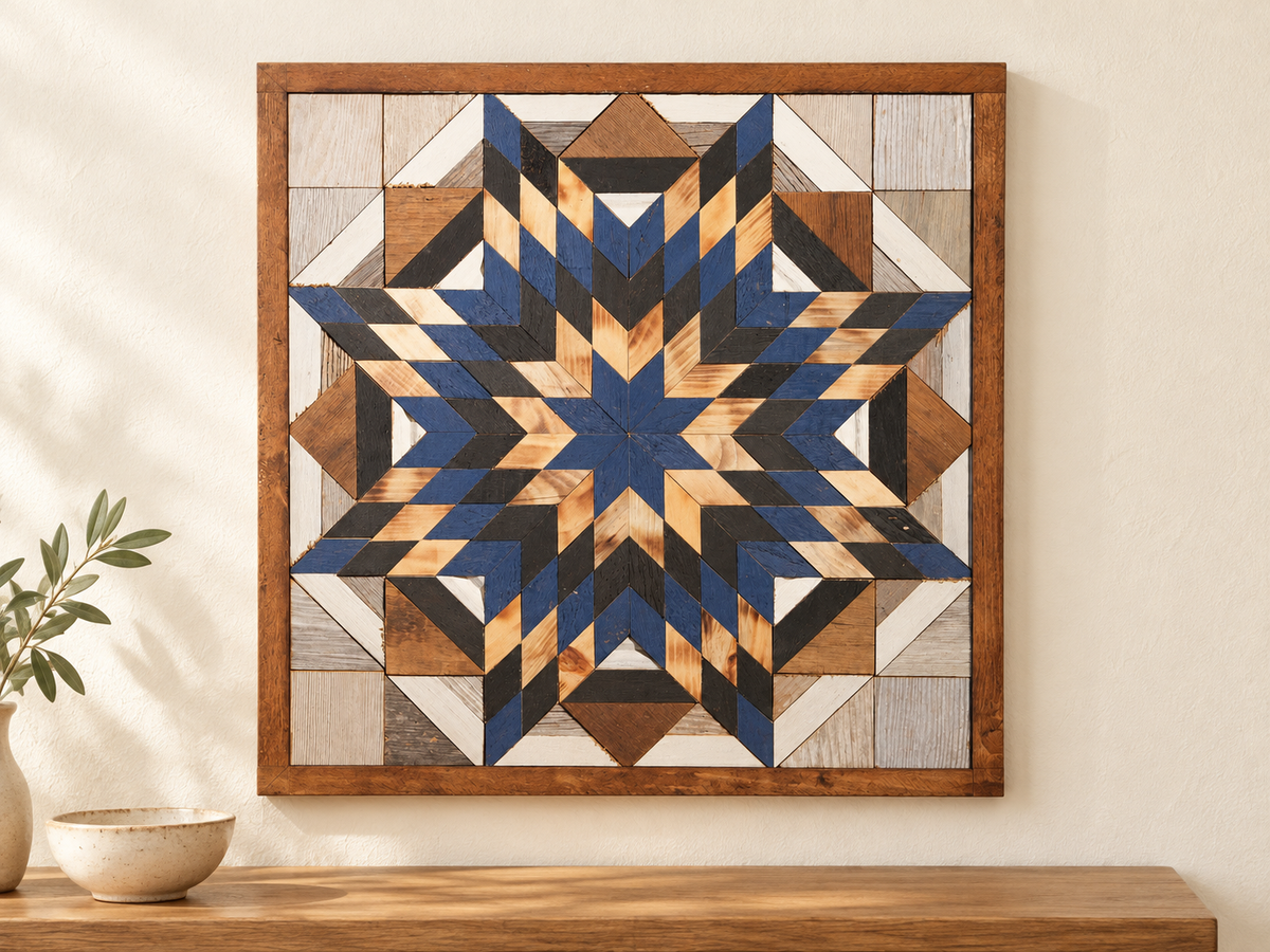 S1203 — wooden barn quilt wall art, square navy blue, honey wood and charcoal layered starburst, shown on an indoor wall in a styled home display