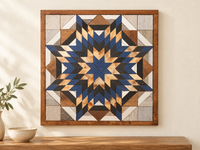 S1203 — wooden barn quilt wall art, square navy blue, honey wood and charcoal layered starburst, shown on an indoor wall in a styled home display