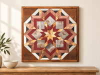 S1204 — wooden barn quilt wall art, square burgundy, rose, honey wood and gray geometric flower, shown on an indoor wall in a styled home display
