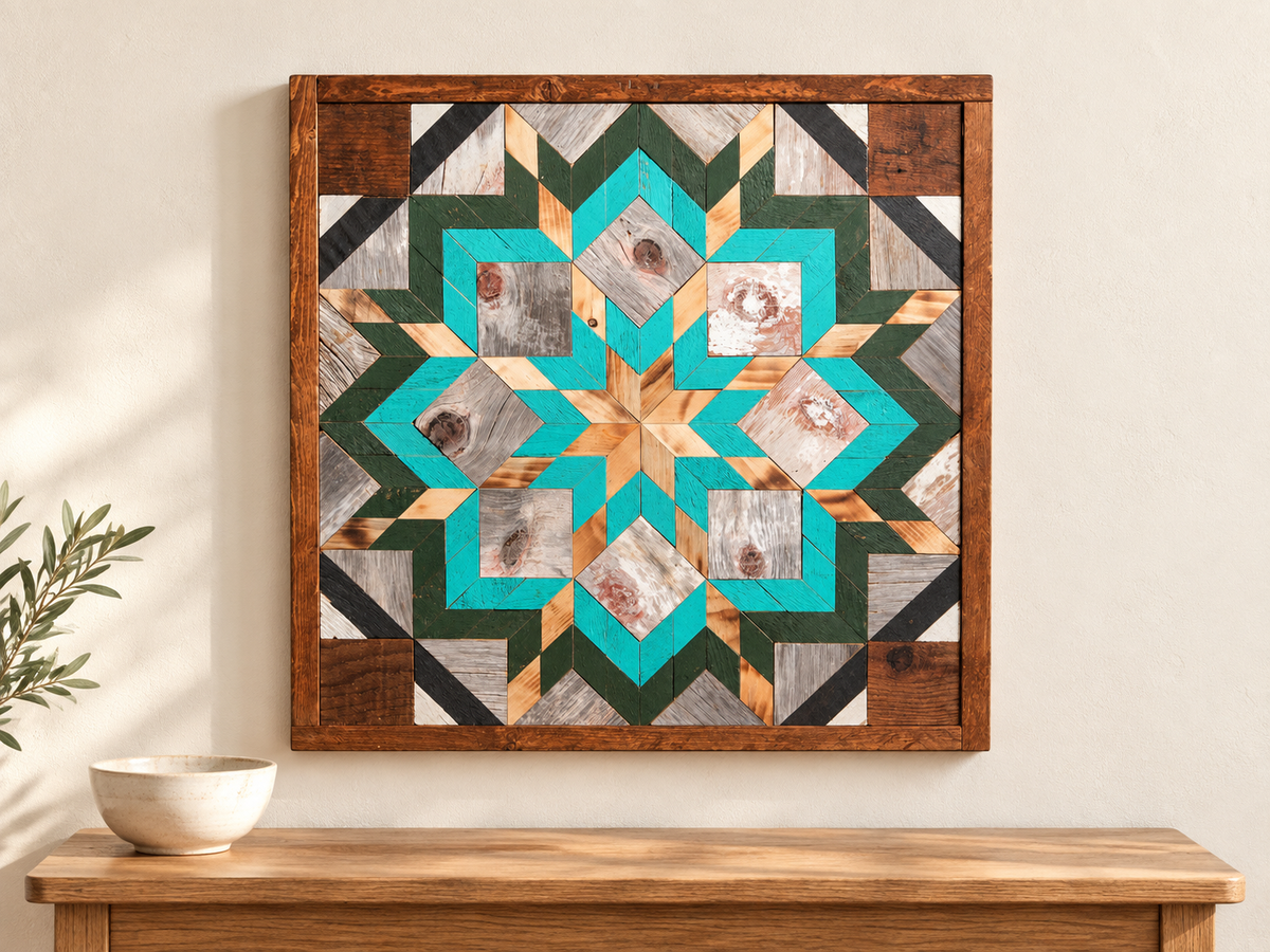 S1205 — wooden barn quilt wall art, square turquoise, forest green, honey wood and gray geometric flower, shown on an indoor wall in a styled home display