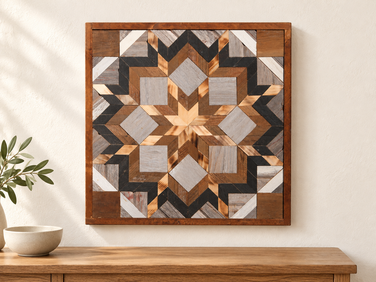 S1207 — wooden barn quilt wall art, square natural honey wood, brown, charcoal and gray geometric flower, shown on an indoor wall in a styled home display