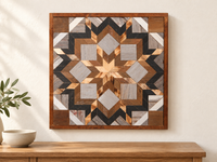 S1207 — wooden barn quilt wall art, square natural honey wood, brown, charcoal and gray geometric flower, shown on an indoor wall in a styled home display