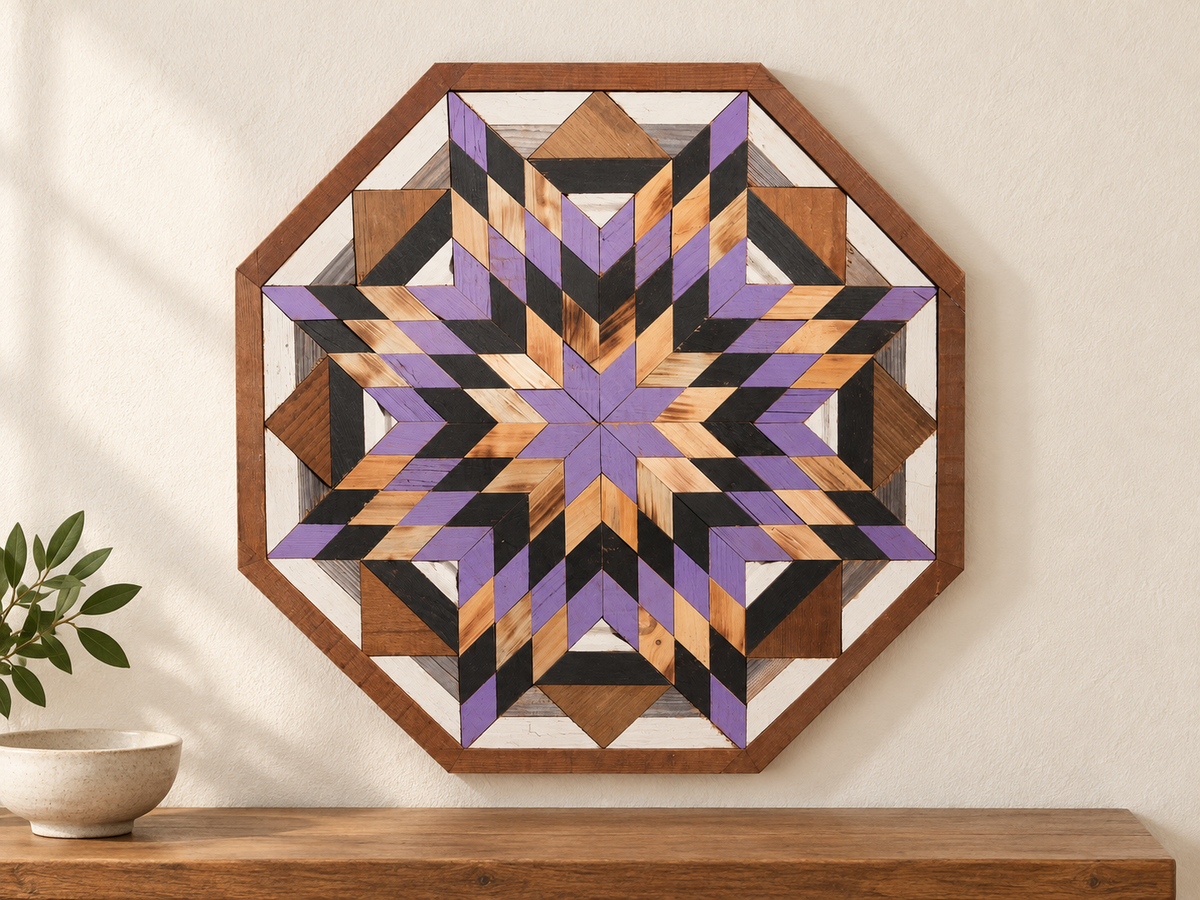 S1210 — wooden barn quilt wall art, OCTAGONAL lavender, honey wood and charcoal starburst, shown on an indoor wall in a styled home display