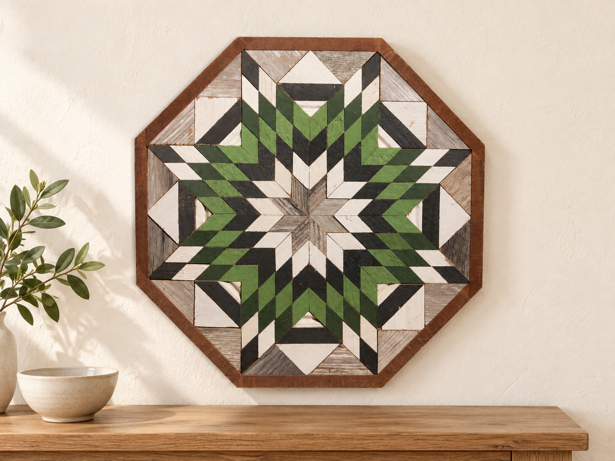 S1212 — wooden barn quilt wall art, OCTAGONAL forest green, light green, white and charcoal starburst, shown on an indoor wall in a styled home display