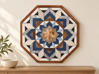 S1213 — wooden barn quilt wall art, OCTAGONAL navy, light blue, silver, white and natural wood geometric flower, shown on an indoor wall in a styled home display