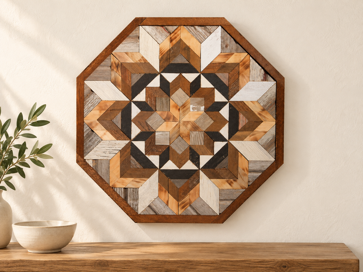 S1214 — wooden barn quilt wall art, OCTAGONAL honey wood, brown, charcoal, white and gray geometric flower, shown on an indoor wall in a styled home display
