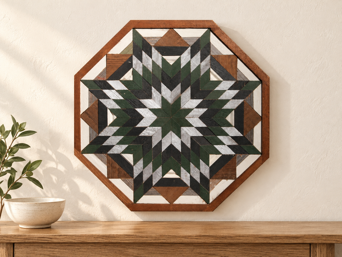 S1215 — wooden barn quilt wall art, OCTAGONAL forest green, charcoal and silver starburst, shown on an indoor wall in a styled home display