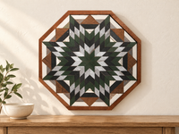 S1215 — wooden barn quilt wall art, OCTAGONAL forest green, charcoal and silver starburst, shown on an indoor wall in a styled home display