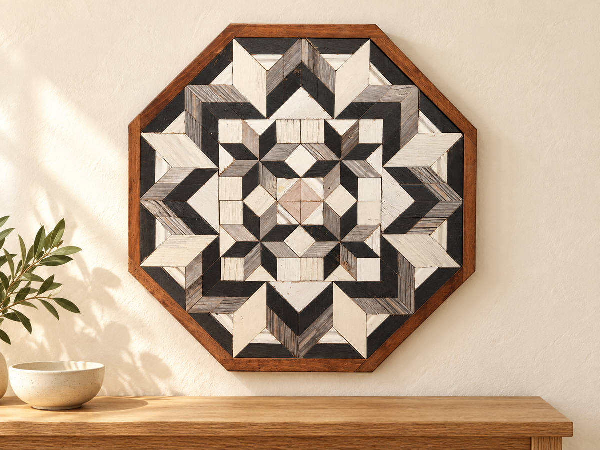 S1216 — wooden barn quilt wall art, OCTAGONAL gray, charcoal and white geometric flower with four inner stars, shown on an indoor wall in a styled home display