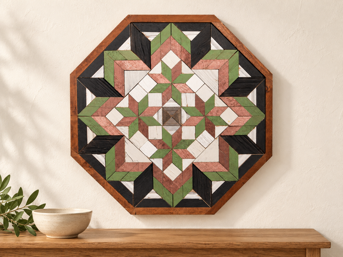 S1217 — wooden barn quilt wall art, OCTAGONAL light green, dusty rose, charcoal and white geometric flower with four inner stars, shown on an indoor wall in a styled home display