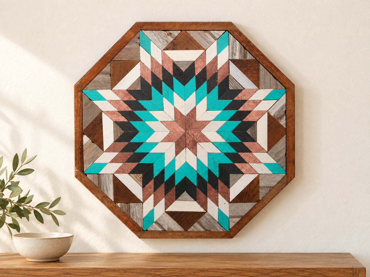 S1218 — wooden barn quilt wall art, octagonal turquoise, dusty rose, charcoal and ivory starburst, displayed on an indoor wall in a styled home