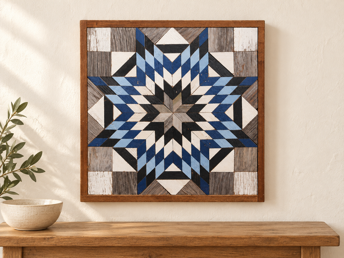 S1220 — wooden barn quilt wall art, square navy blue, light blue, ivory and charcoal starburst, displayed on an indoor wall in a styled home