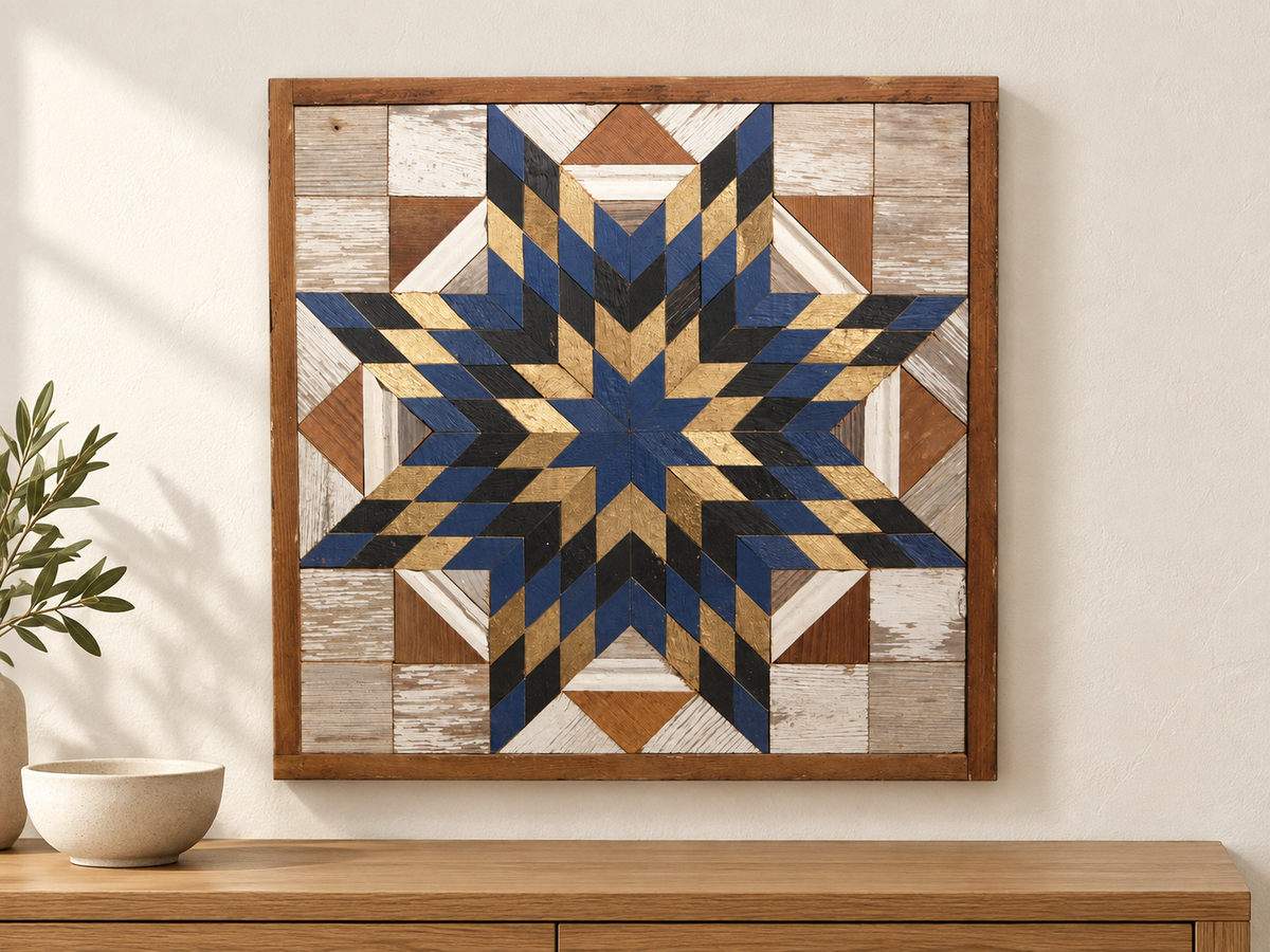 S1221 — wooden barn quilt wall art, square navy blue, metallic gold and charcoal starburst, displayed on an indoor wall in a styled home