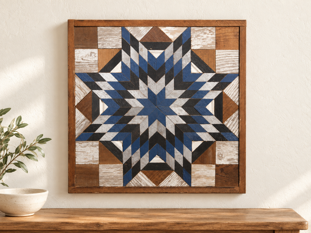 S1224 — wooden barn quilt wall art, square navy blue, silver and charcoal starburst, displayed on an indoor wall in a styled home
