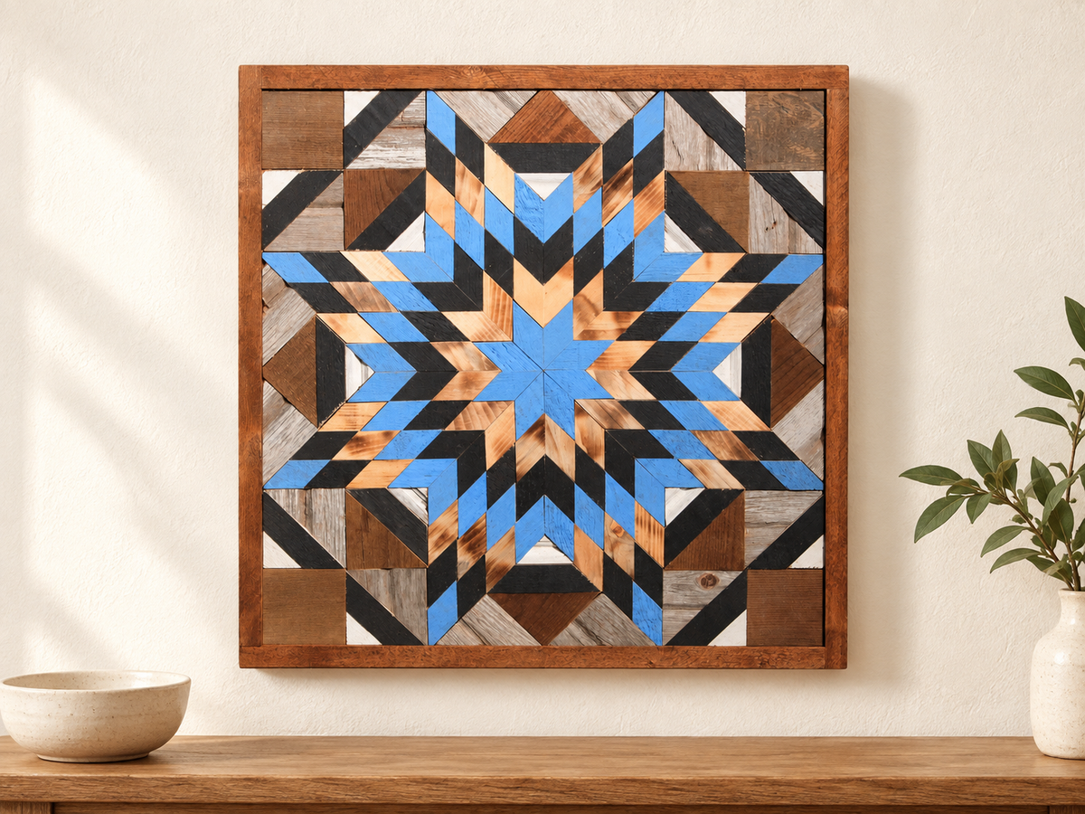 S1227 — wooden barn quilt wall art, square sky blue, natural wood and charcoal starburst, displayed on an indoor wall in a styled home