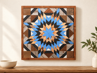 S1227 — wooden barn quilt wall art, square sky blue, natural wood and charcoal starburst, displayed on an indoor wall in a styled home