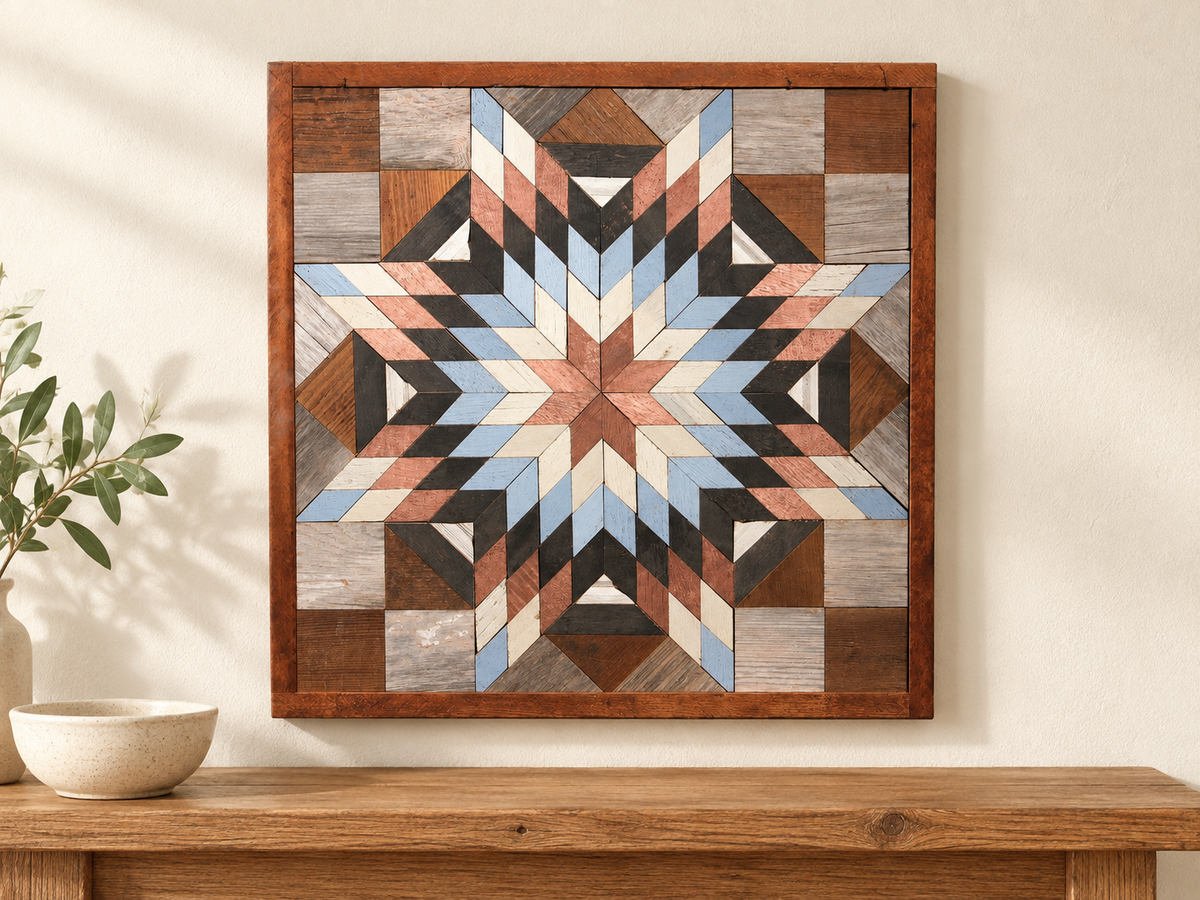 S1228 — wooden barn quilt wall art, square light blue, dusty rose, ivory and charcoal starburst, displayed on an indoor wall in a styled home