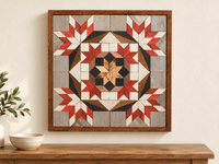 S1229 — wooden barn quilt wall art, square red and ivory corner stars with natural wood center, displayed on an indoor wall in a styled home