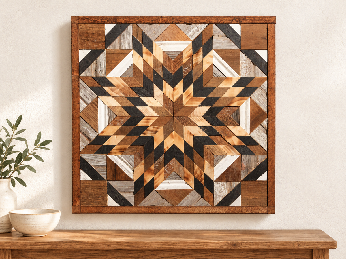 S1231 — wooden barn quilt wall art, square natural honey wood, brown and charcoal starburst, displayed on an indoor wall in a styled home