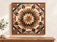 S1231 — wooden barn quilt wall art, square natural honey wood, brown and charcoal starburst, displayed on an indoor wall in a styled home