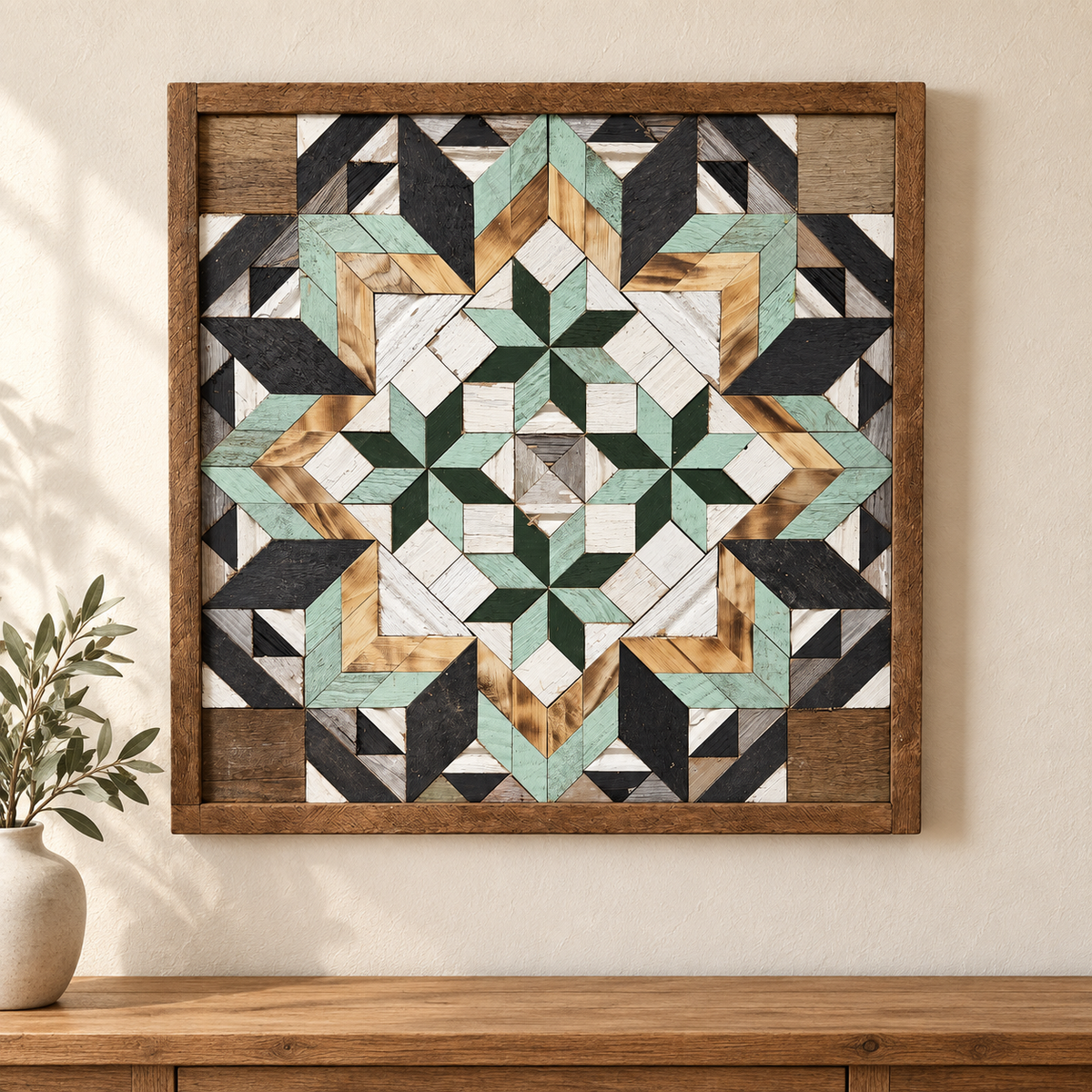 S1232 — Amish reclaimed wood barn quilt wall art, square mint-green and forest-green four inner stars with charcoal, honey wood, white and gray geometric flower, displayed on an indoor wall above an oak console