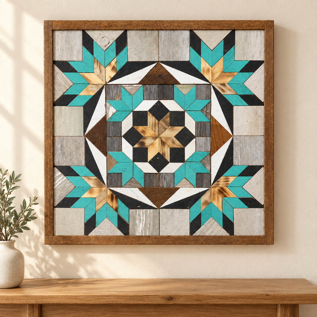 S1233 — Amish reclaimed wood barn quilt wall art, square turquoise and honey-wood stars, charcoal, white and gray blocks, central honey wood star, displayed on an indoor wall above an oak console