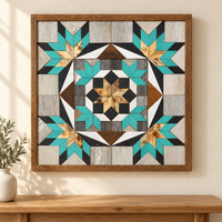 S1233 — Amish reclaimed wood barn quilt wall art, square turquoise and honey-wood stars, charcoal, white and gray blocks, central honey wood star, displayed on an indoor wall above an oak console