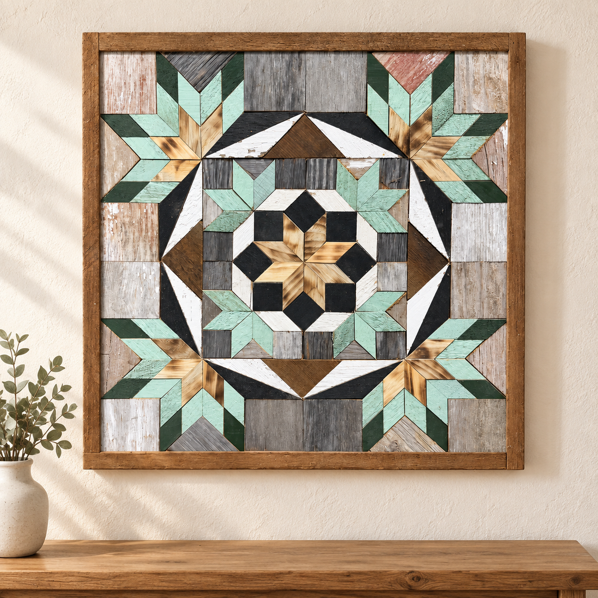 S1234 — Amish reclaimed wood barn quilt wall art, square mint-green and dark forest green corner stars, four small mint inner stars, central honey wood star with charcoal, white and weathered gray blocks, displayed on an indoor wall above an oak console