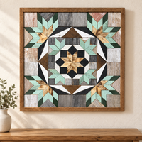 S1234 — Amish reclaimed wood barn quilt wall art, square mint-green and dark forest green corner stars, four small mint inner stars, central honey wood star with charcoal, white and weathered gray blocks, displayed on an indoor wall above an oak console