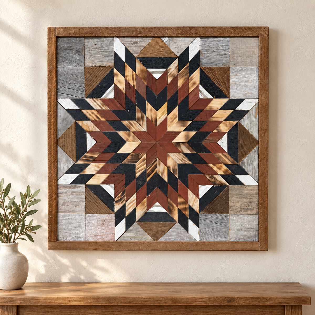 S1235 — Amish reclaimed wood barn quilt wall art, square rust-brown, charcoal and honey wood layered eight-point starburst with gray and white outer blocks, displayed on an indoor wall above an oak console