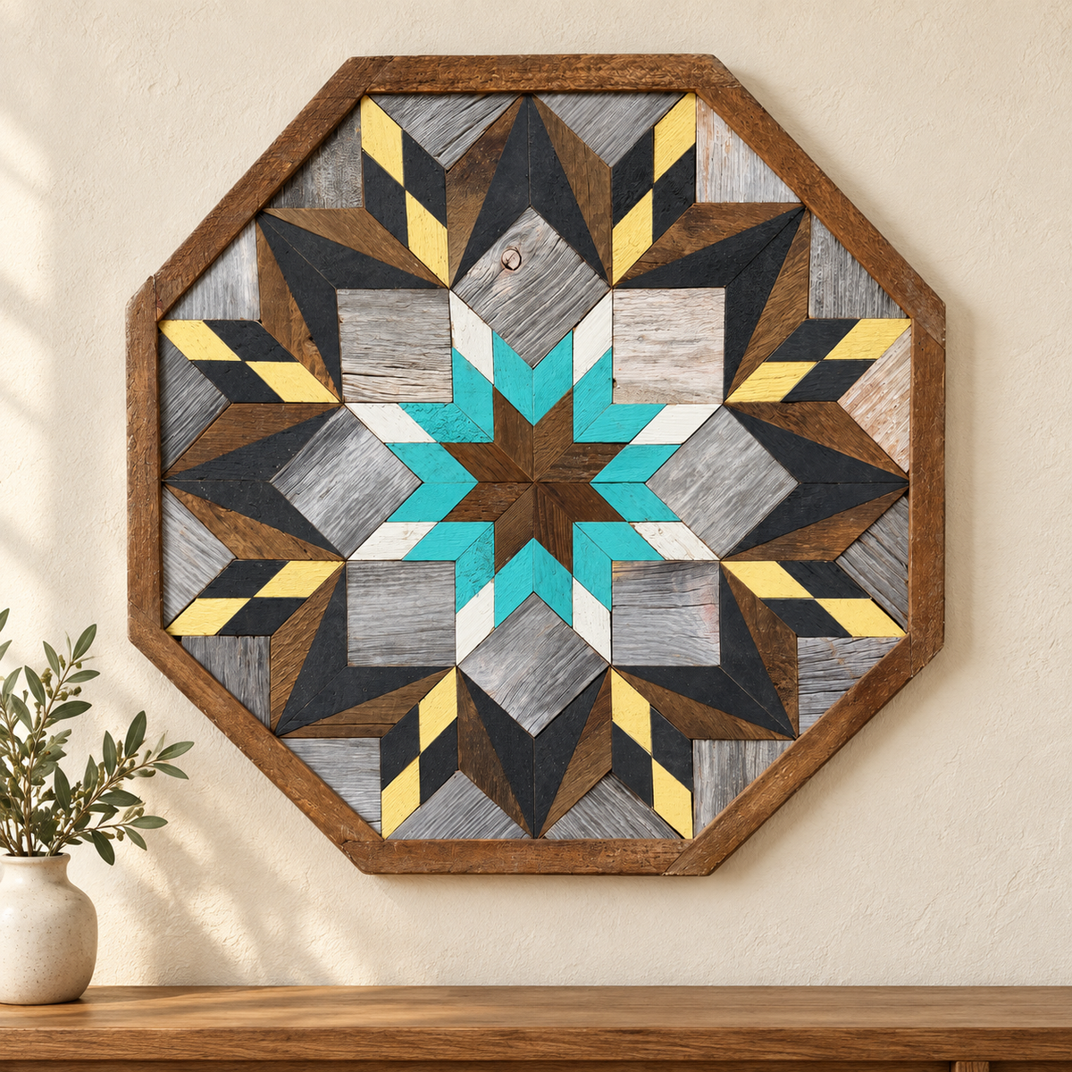 S1236 — Amish reclaimed wood barn quilt wall art, OCTAGONAL eight-sided turquoise, yellow, charcoal, white and brown geometric star, dark brown center star, displayed on an indoor wall above an oak console