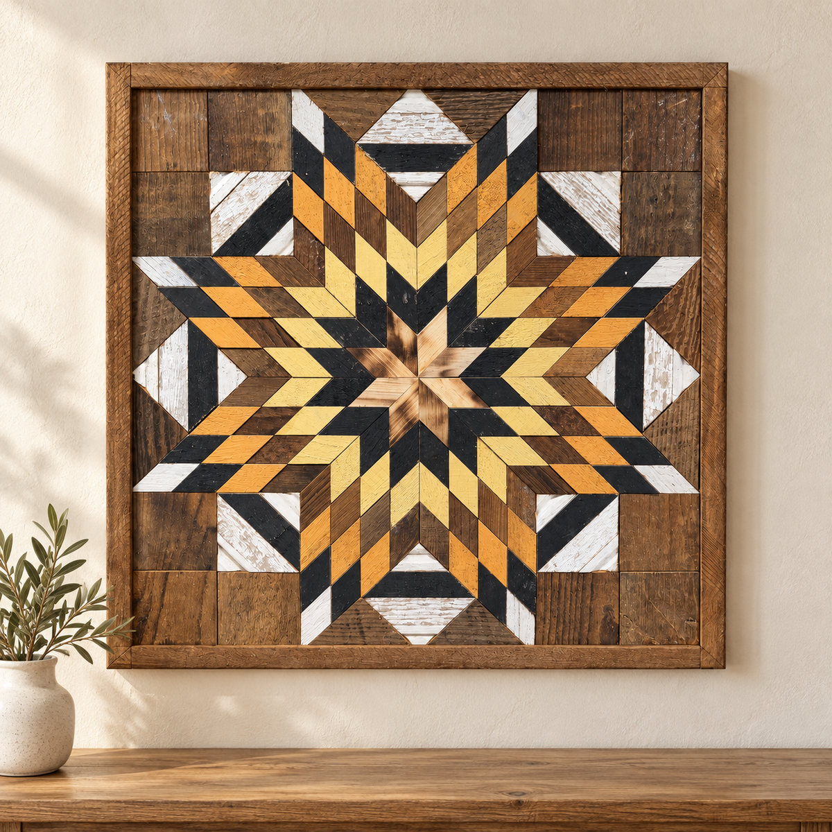 S1237 — Amish reclaimed wood barn quilt wall art, square ochre-orange, yellow, charcoal and natural brown layered starburst with honey wood center and white accents, displayed on an indoor wall above an oak console