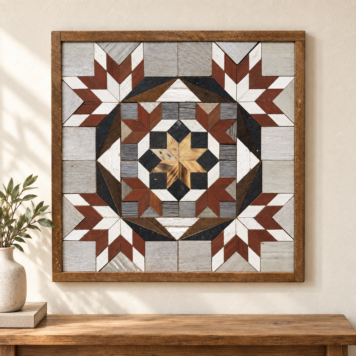 S1238 — Amish reclaimed wood barn quilt wall art, square rust-brown and white corner stars, four small rust inner stars, honey wood center star with charcoal and gray blocks, displayed on an indoor wall above an oak console