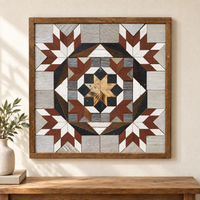 S1238 — Amish reclaimed wood barn quilt wall art, square rust-brown and white corner stars, four small rust inner stars, honey wood center star with charcoal and gray blocks, displayed on an indoor wall above an oak console