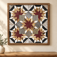 S1239 — Amish reclaimed wood barn quilt wall art, square five burgundy and honey wood stars with white, charcoal and weathered gray blocks, displayed on an indoor wall above an oak console