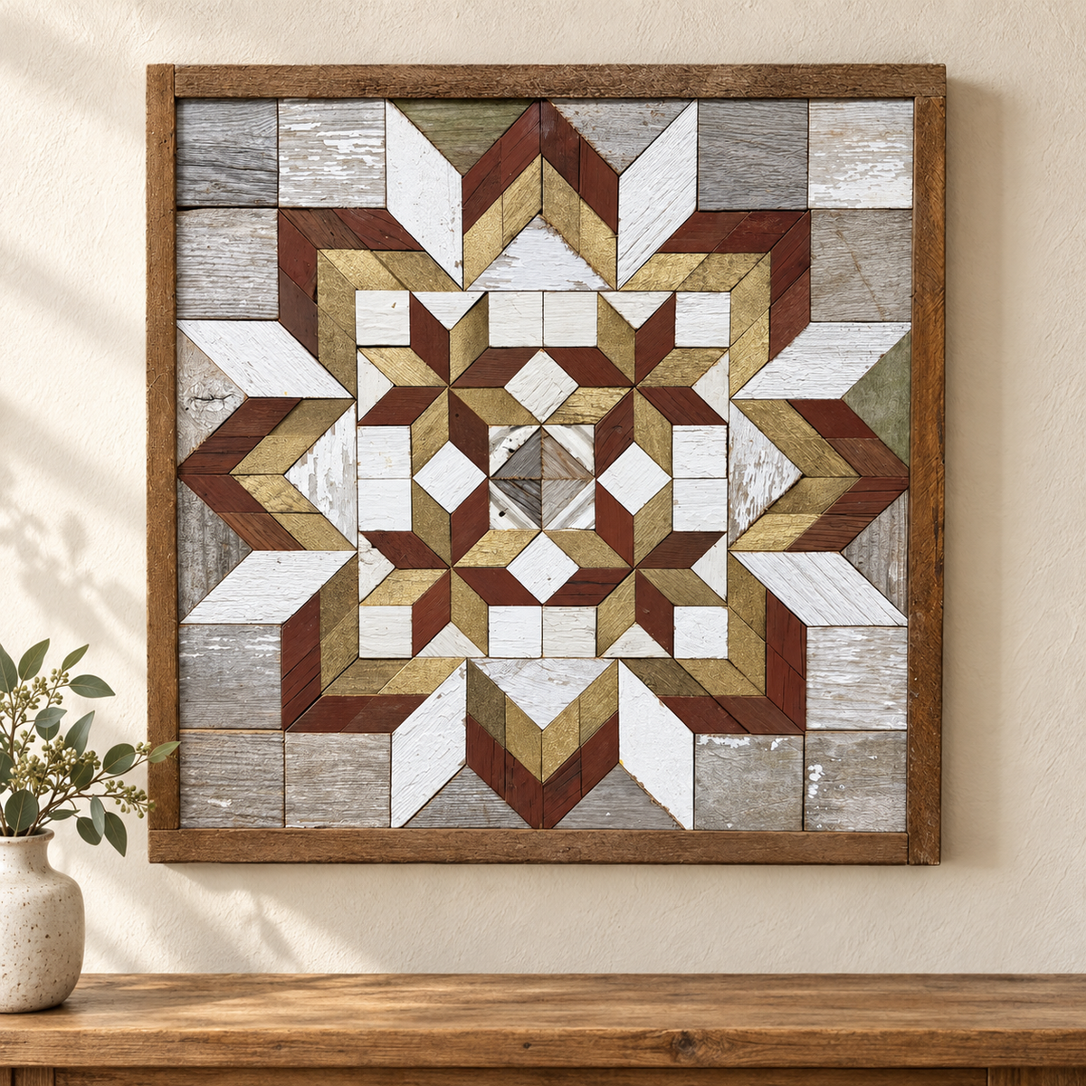 S1240 — Amish reclaimed wood barn quilt wall art, square rust-brown, metallic gold and white geometric flower and four inner stars, weathered gray blocks, displayed on an indoor wall above an oak console